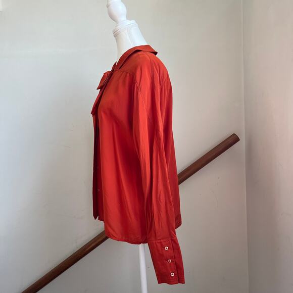 Vintage Orange 100% Silk‎ Bow Tie Peter Pan Collar Secretary Blouse Top - Picture 10 of 13